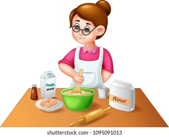 funny mother cartoon cooking cake with smiling