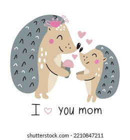 Funny mother hedgehog gives a mushroom to a child. Vector illustration isolated on white background for your design