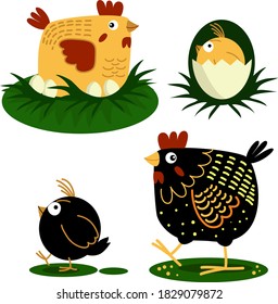 Funny mother hens and their children - cute chicks. Colorful cartoon characters, vector set, images isolated on white background