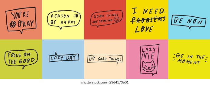 Funny motivation phrases on colorful backgrounds. Humor. Best for social media or web design. Hand drawn words. Lettering. Vector graphic design. 