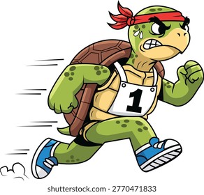 A funny and motivational cartoon of a turtle running at high speed with sweat drops and motion lines, wearing a race bib with number 1 and athletic sneakers.