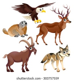 Divertidos animales de montaña, ciervos, águilas, cachorros, steinbock, lobos. Caricatura vectorial personajes aislados.