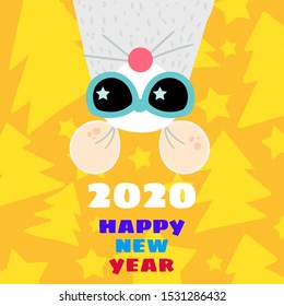 Funny mouse 2020 greeting card flat template. Xmas rat in sunglasses postcard. New Year symbol