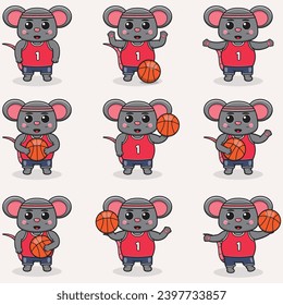 Divertido juego de caricaturas de baloncesto del ratón. Juego de baloncesto del ratón. Conjunto de vectores de caracteres de dibujos animados personalizados aislados en un fondo blanco. Deporte animal de dibujos animados. Caricatura animal. 