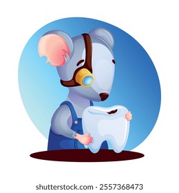 Funny mouse in blue overalls and magnifying monocle examines dark spot of caries on baby tooth. Character - Mouse - tooth fairy. Children's vector illustration