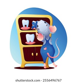 Funny mouse in blue overalls, wiping dust from children milk teeth on the shelves of a magic cabinet. Character - Mouse - tooth fairy. Children's vector illustration