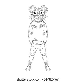 funny mouse boy hipster, anthropomorphic illustration for kids