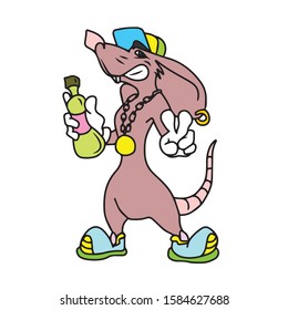 Funny mouse in a cap and sneakers with big ears holding a bottle in his paw with gloves.On a white isolated background. Hand-drawn. Vector illustration of an animal