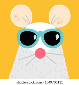 Funny mouse cartoon character vector illustration. Xmas rat in sunglasses postcard. Year 2020 symbol