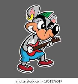 Funny mouse cartoon character wearing like a rock star style while playing electric guitars, best for mascot or logo of instrument product or toys for kids