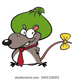 Personajes de dibujos animados de Funny Mouse con corbata y llevando un saco de dinero. Lo mejor para pegatinas, logotipos y mascotas con temas de corrupción política