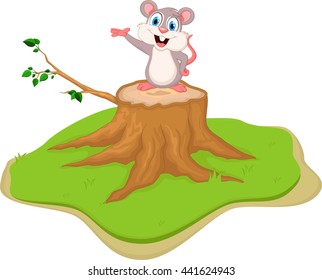 funny mouse cartoon on tree stump