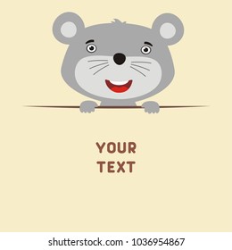 Funny mouse in cartoon style looks out from behind field for your text. Template for card, invitation or greeting.