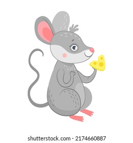 Funny mouse character flat icon. Cute happy mouse eating cheese isolated vector illustration. Cartoon mice concept