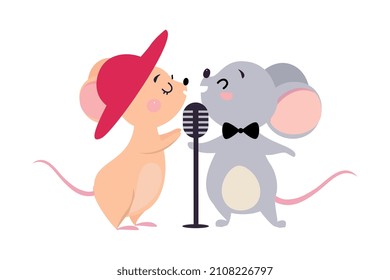 Funny Mouse Character in Hat and Bow Tie Singing in Microphone Performing Concert Vector Illustration