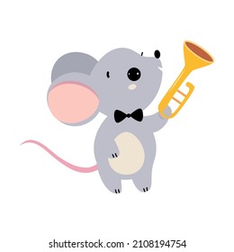 Funny Mouse Character Playing Trumpet Performing Concert Vector Illustration