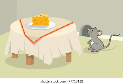 Funny mouse and cheese on the table. Color illustration