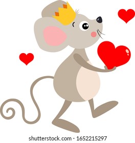 Funny mouse with crown running holding a red heart
