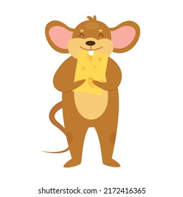 Funny mouse eating cheese. Stolen food, feeding rat time vector illustration