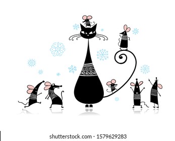 Funny mouse family with Mother cat, symbol of 2020 year. Banner for your design. Vector illustration