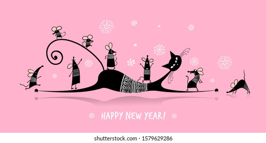 Funny mouse family with Mother cat, symbol of 2020 year. Banner for your design. Vector illustration