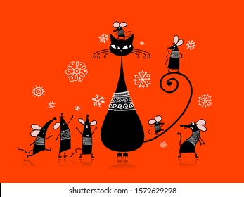 Funny mouse family with Mother cat, symbol of 2020 year. Banner for your design. Vector illustration