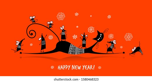 Funny mouse family with Mother cat, symbol of 2020 year. Banner for your design. Vector illustration