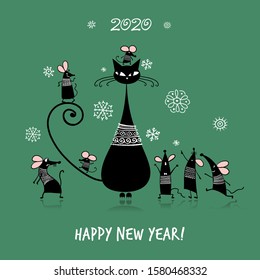 Funny mouse family with Mother cat, symbol of 2020 year. Banner for your design. Vector illustration