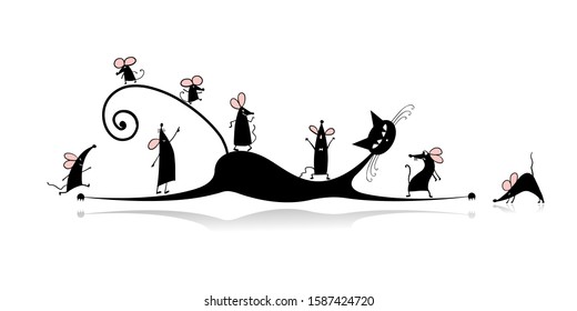 Funny mouse family with Mother cat, symbol of 2020 year. Banner for your design. Vector illustration