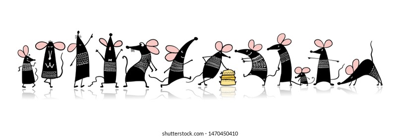 Funny mouse family, symbol of 2020 year. Banner for your design