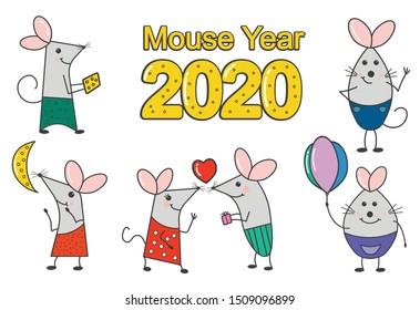 Funny mouse family, symbol of 2020. Banner for your design. Hand drawn funny happy mouse celebration characters isolated on white background. For collection of stickers, greeting cards.