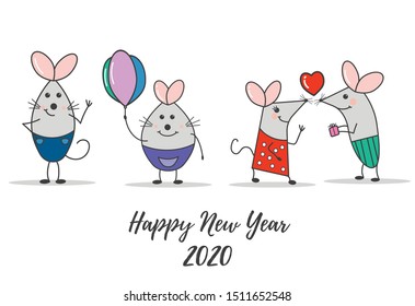 Funny mouse family, symbol of 2020. Banner for your design. Hand drawn funny happy mouse celebration characters isolated on white background. 