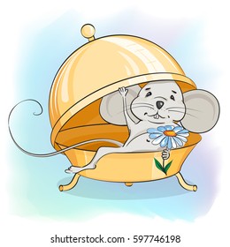 Funny mouse with a flower in his hand. Background color.