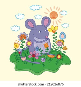 Funny mouse with flowers. 