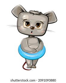 Funny Mouse got ready to swim in an inflatable ring. Funny comic baby animal. Young cute cartoon style. Childrens clipart illustration isolated on white background. Vector