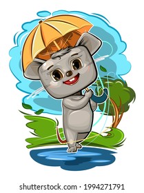 A funny mouse hare with an umbrella walks through the puddles. Wind, clouds, bad weather. But good mood. Kid is an animal. Illustration for children. Cartoon style. Isolated vector