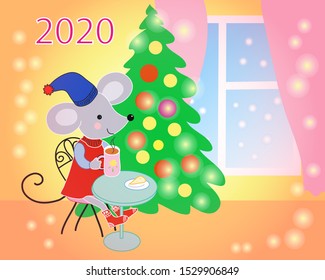 funny mouse in a hat and socks drinks tea at a table against the background of the New Year tree