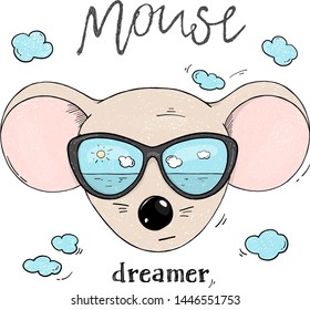 Funny mouse head in sunglasses. The glasses reflect the sea and the sun. Colorful vector illustration in sketch style. Hand-drawn.