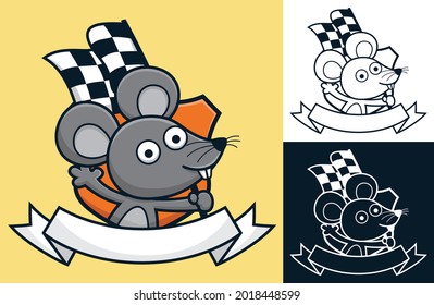 Funny mouse holding checkered flag with ribbon logo decoration. Vector cartoon illustration in flat icon style