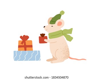 Funny mouse holding Christmas gift box vector flat illustration. Cute rat in warm scarf and hat carrying festive wrapped present with bow isolated. Amusing animal enjoying seasonal winter holiday