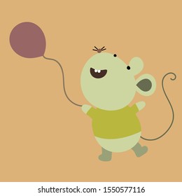 Funny mouse holding  an inflatable balloon. Cute hand drawn  vector  print for nursery,  apparel, poster, postcard and child's room, t-short and ect.

