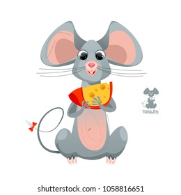 Funny mouse holding in the paws a piece of cheese. Vector illustration