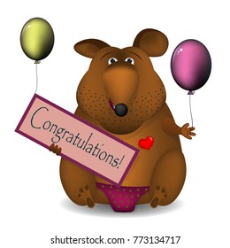 A funny mouse holds a "Congratulations" sign and a balloon. Vector illustration.