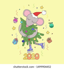 Funny mouse hugging a Christmas tree and skating. Vector holiday illustration.