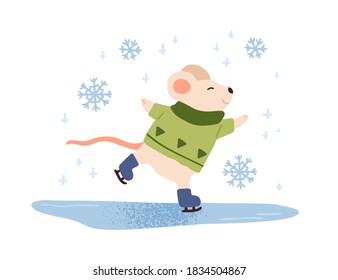 Funny mouse ice skating vector flat illustration. Cute baby animal in warm sweater enjoying skating on ice rink isolated on white. Happy character. Winter outdoor recreational activity