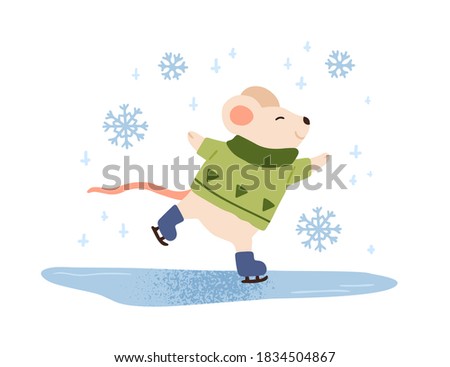 Funny mouse ice skating vector flat illustration. Cute baby animal in warm sweater enjoying skating on ice rink isolated on white. Happy character. Winter outdoor recreational activity