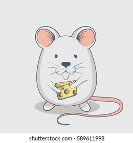 Funny mouse keeps cheese.Cartoon childish vector illustration.
