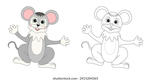 Funny mouse line and color illustration. Cartoon vector illustration for coloring book.
