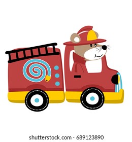 Funny mouse on firetruck, vector cartoon illustration