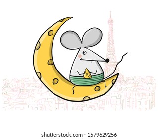 Funny mouse in Paris, cityscape background. Banner for your design. Vector illustration